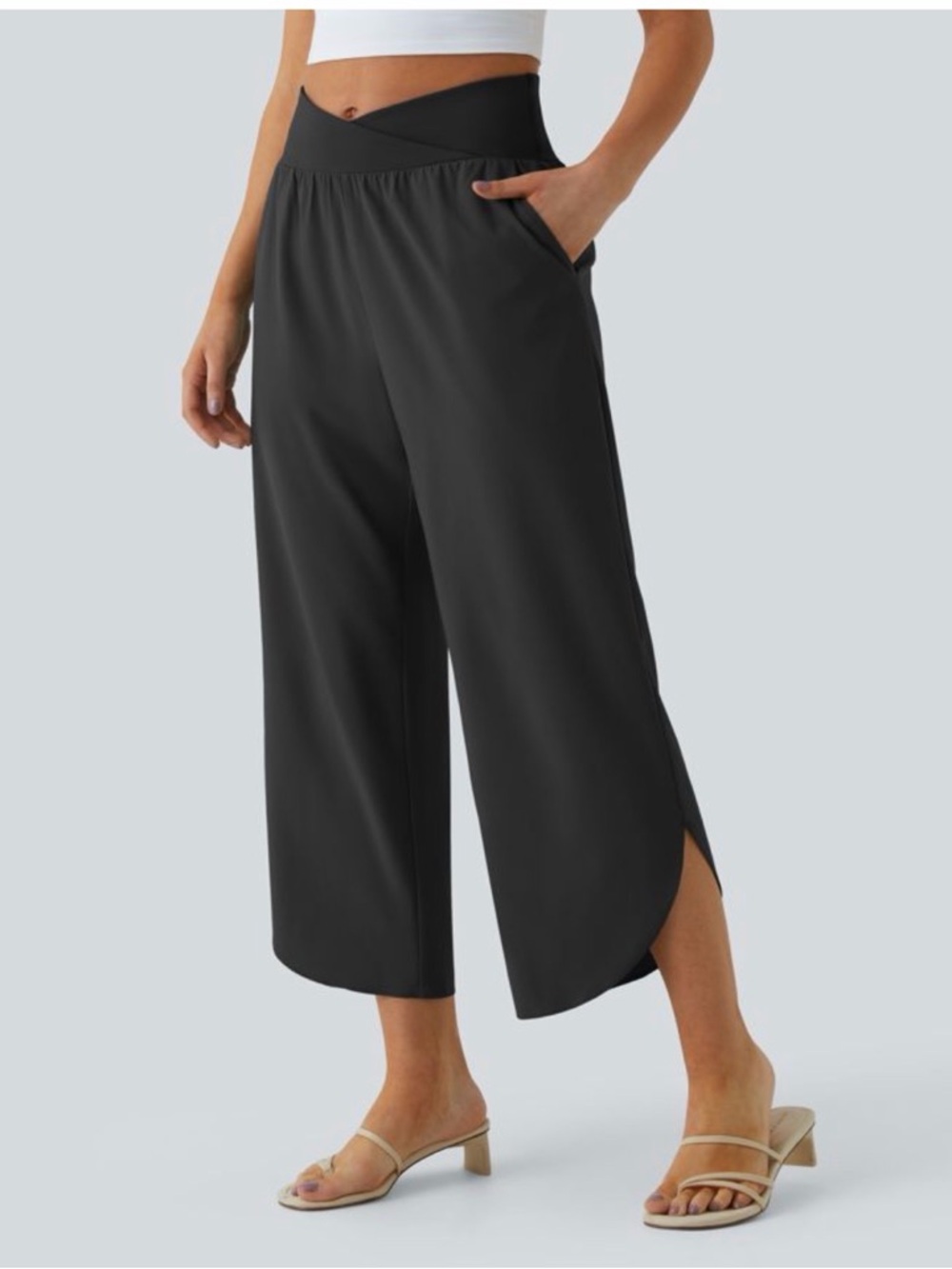 HALARA Black Wide-Leg Cropped Pants with Side Slits